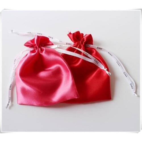 Customized ribbon Logo Satin pouch Drawstring bag Jewelry satin bag Gift Bags free shipping