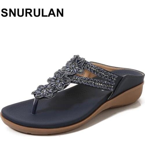 SNURULANWomens Slippers Summer Shoes Vintage Flower rhinestones Ladies Flip Flops Female Sandals Casual Beach Shoes Large size