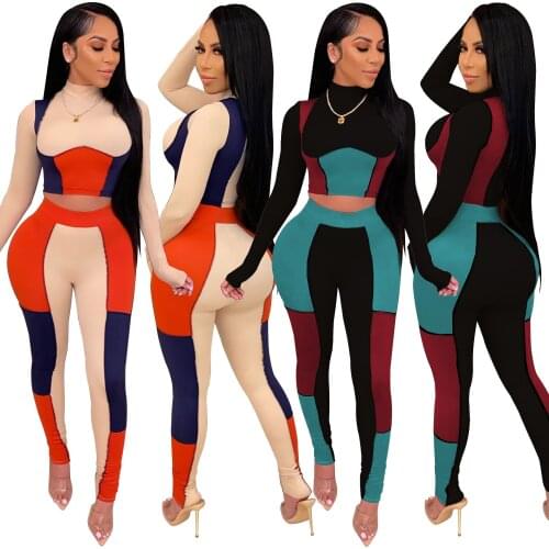Contrast Color Patchwork Fitness Two Piece Sets Women 2021 Turtleneck Long Sleeve Slim Crop Top and Pencil Pant Streetwear Suits