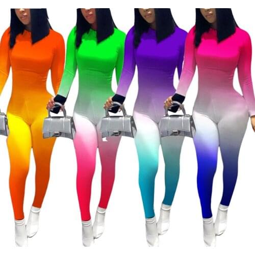 Women Long Sleeve Jumpsuit Round Neck Skinny Bodysuit Patchwork Rompers Spring Fall Clothing