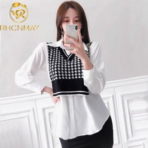 Korean Womens Single-Breasted White Shirt Autumn Fashion Elegant Houndstooth Knitted Sweaters Patchwork Loose Long Blouses Tops