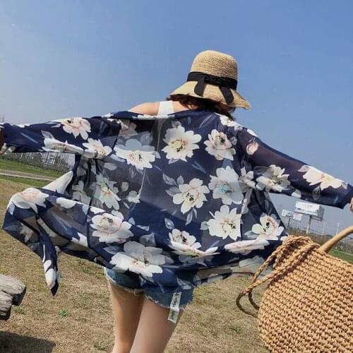 Sun Protection Clothing Seven-Point Sleeve Cardigan Summer Women Floral Print Blouse Mid-Length Chiffon Blue Begonia Printed Out