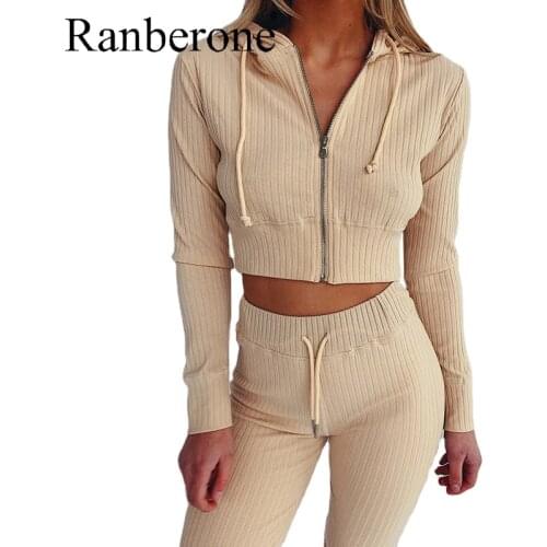2020 New Womens Tracksuit 2pcs Hoodies Crop Top Sweatshirt + Running Pants Sets Solid Color Zipper Gym Clothing Suits Female