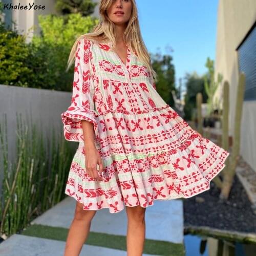 KHALEE YOSE Summer Boho Mini Dress Women V-neck Sexy Holiday Dress Ruffles Long Sleeve Casual Chic 23XL Plus Size Loose Dress