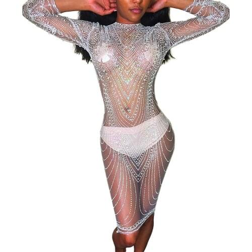 Sexy Sheer Mesh Long Sleeve Sequin Dress Women O Neck Sparkly See Through Bodycon Club Wear Night out Glitter Dresses for Party