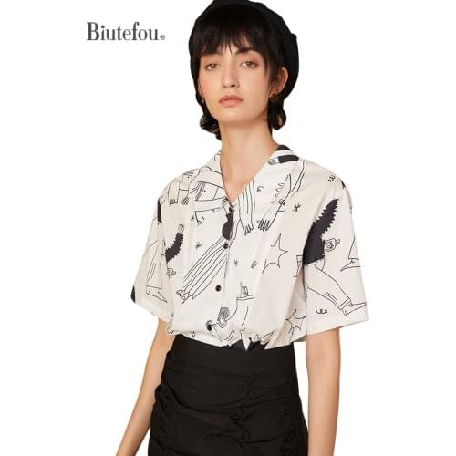 2021 Summer Women Loose Short Sleeve Cartoon Doodle Shirt