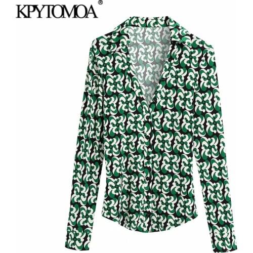 KPYTOMOA Women 2021 Fashion Printed Fitted Blouses Vintage Long Sleeve Button-up Female Shirts Blusas Chic Tops