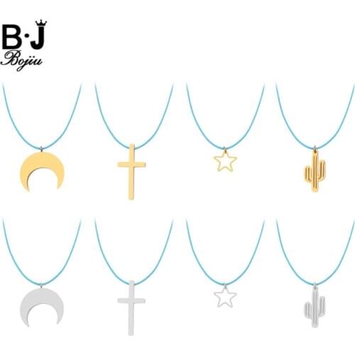 Boho Pink Blue Braided Rope Choker Necklaces Women Gold Silvery Cross Star Moon Cactus Stainless Steel Pendant Necklace NKS265