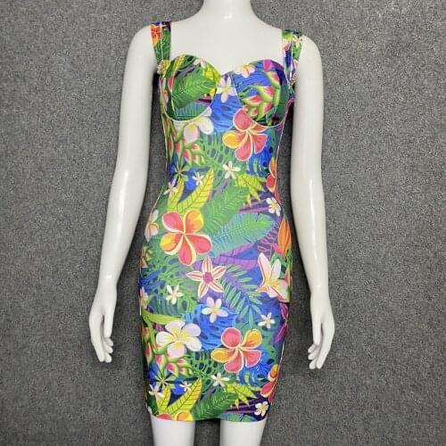 High Quality Celebrity Flower Foiling Print Side Weaving Rayon Bandage Dress Elegant Club Party Dress Vestidos