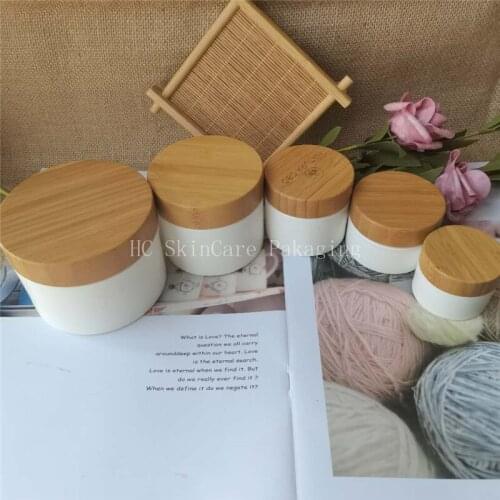 100pcs/lot 10/30/50/100/150/200/250g white PP plastic bamboo cap cream jar for body butter cream ,Plastic Cream containers