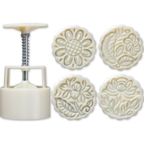 4pcs Hand Press Cookie Stamp Moon Cake Decor Barrel Mooncake Mold 125g Pastry DIY Tool