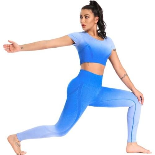 Ombre Seamless Yoga Set Women Fitness Clothing Sportswea High Waist Gym Leggings+Built In Bra Crop Top Shirt 2 Piece Workout Set