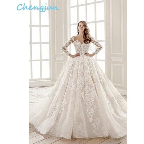 Chengjun 2020 Fashion Off White Lace Appliques Ball Gown Bridal Luxury Long Sleeve Wedding Dresses