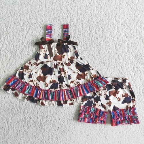 Children Fashion Summer Sleeveless Clothing Set Baby Girls Cute Cow Pattern Outfit With Bows
