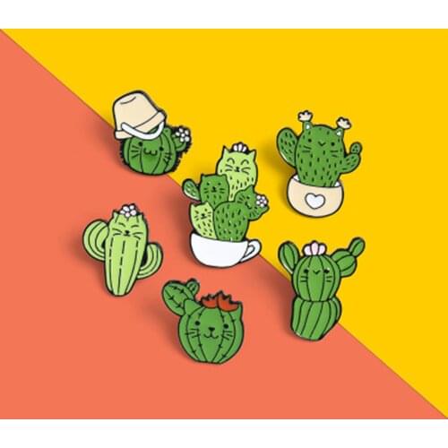 Doreen Box 1 PC Creative Cartoon Pin Brooches Cactus Cat Green Enamel Brooch Jewelry For Children Women Men Holiday Party Gifts