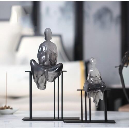 New Chinese Zen Abstract Figure Sitting On Black Metal Frame Figurine Home Room Decoration Furnishing Art Crafts Monk Decoration