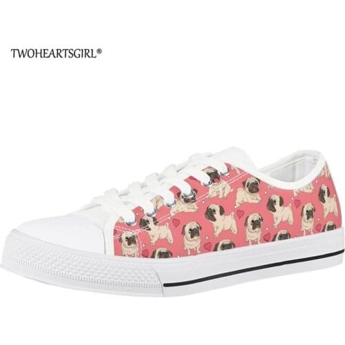 Twoheartsgirl Lovely Pug Dog Girl Lace Up Low Top Canvas Shoes Lightweight Woman Sneakers Casual Spring/Autumn Vulcanized Shoes