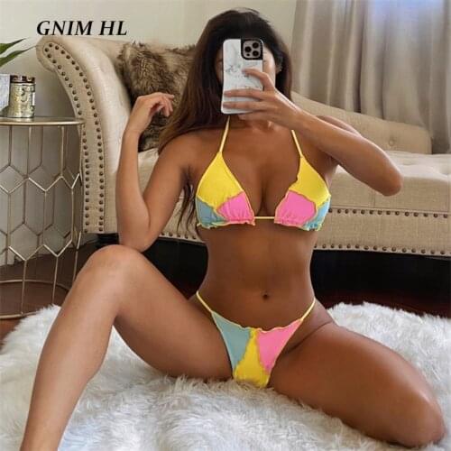 GNIM Sexy Patchwork Bikini Swimwear Women 2021 Summer Triangle Bandage Backless Brazilian Swimsuit 2 Pieces Swim Bathing Suit