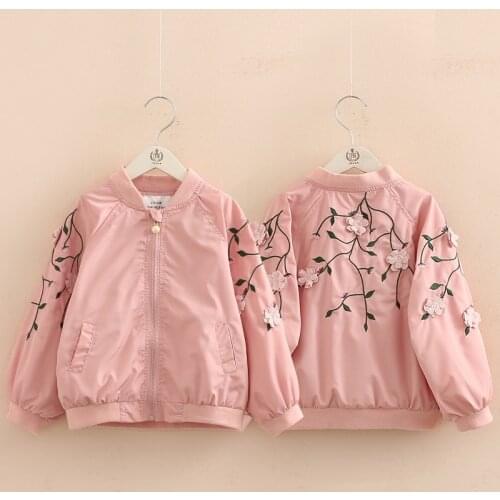 2020 Autumn Spring 3 4 5 6 8 10 12 Years Embroidery Flower Floral Mandarin Collar Pearl Zipper Loose Jacket For Baby Kids Girls