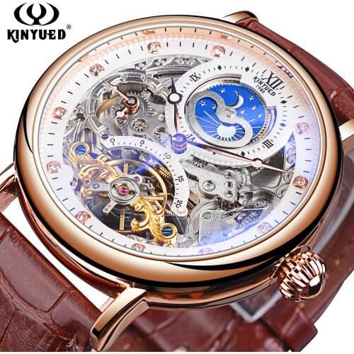 KINYUED Skeleton Mechanical Watches Men Automatic Watch Tourbillon Casual Military Wristwatch With Moon Phase Relogio Masculino