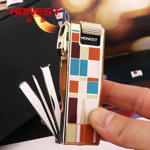 Honest Multifunction Torch Cigar Pipe Lighter with Cigar Tool Free Fire Metal Butane Gas Turbo Lighter Gadgets For Men Gift