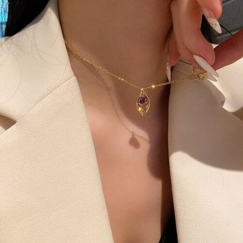 2021 New Vintage Shining Rhinestone Crystal Leaf Pendant Necklace for Women Stainless Steel Chain Clavicle Necklaces Jewelry