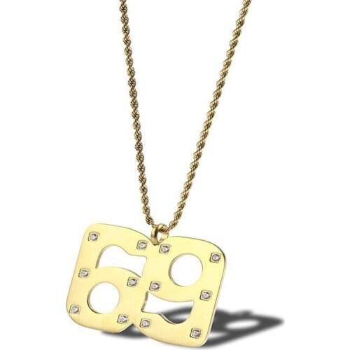 RIR Large Stone Large Size Gold Hip Hop Crystal Iced Out Rich Brian 69 Pendant Necklace In Stainless Steel