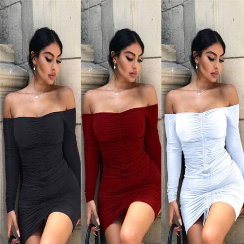 2020 Women Sexy Off Shoulder Ruched Dress Fashion Long Sleeve Off Shoulder Dress for Women Ladies Female Stylish