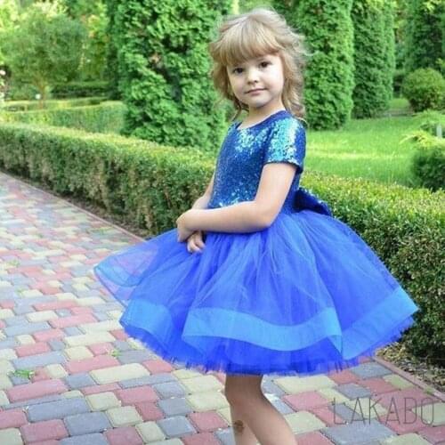 Lovely Royal Blue Sequined Tulle Toddler Short Sleeve Birthday Flower Girl Dresses With Bow First Communion Dresses