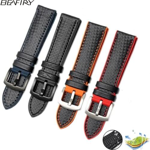 BEAFIRY 18mm 20mm 22mm 24mm Orange Stitching Carbon Fiber+silicone Black Genuine Leather red blue orange Watch Band Strap sport