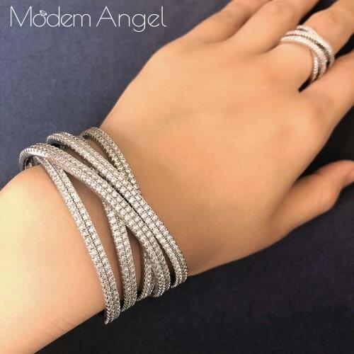 ModemAngel Luxury Line Level Design Cubic Zirconia BRACELET BANGLE AND RING ewelry Set For Women Wedding Engagement Gift