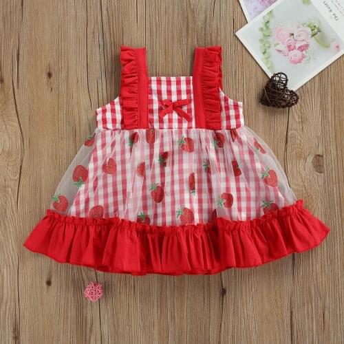 0-3T Bowknot Baby Girl Square Neck Suspender Gauze Skirt Dress Summer Plaid Strawberry Print Sleeveless Princess Dress