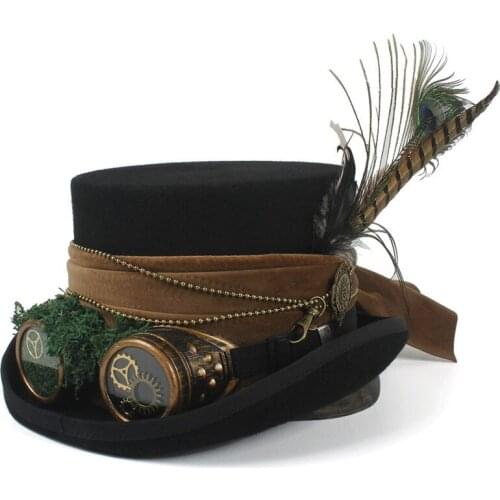 4 Size Top Wool Women Men Black Top Hat Magician Steampunk Fedora Hat With Gear Glasses Cosplay Steam Punk Halloween Party Caps