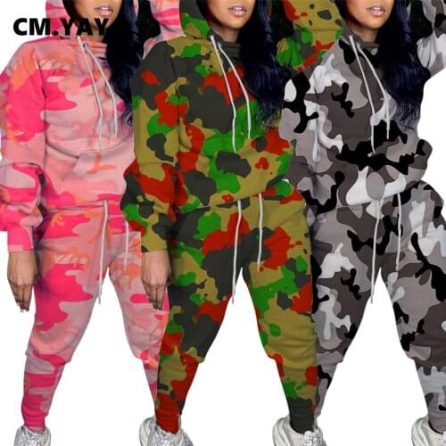CM.YAYA Sportwear Camouflage Sweatsuit Womens Set Hoodies Top Jogger Pants Set Active Matching Tracksuit Two Piece Outfit Set