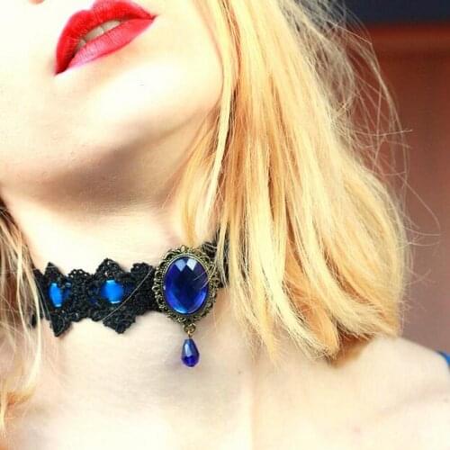 Vintage Victorian Black Lace with Faced Crystal Cabs Women`s Classic Lace Choker Necklace