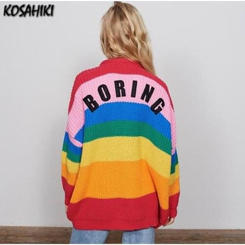 KOSAHIKI Ulzzang Vintage Y2k Women Rainbow Japanese Striped Knit Cardigan Sweater Hip Hop Female Autumn Fashion Retro Kardigany
