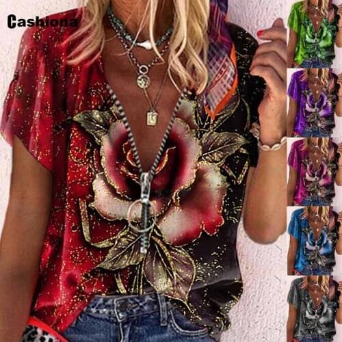 Cashiona Plus Size Women Elegant Leisure Casual T-shirt Bohemian Flower Print Female Top 2021 Summer Fashion Zipper Tees shirt