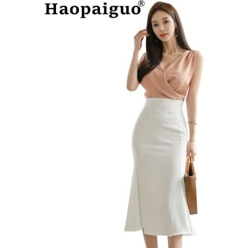 Womens Summer Office Work OL Two Piece Set Pink Sleeveless Blouse and White Bodycon Wrap Skrit Women Casual Two Piece Set Large