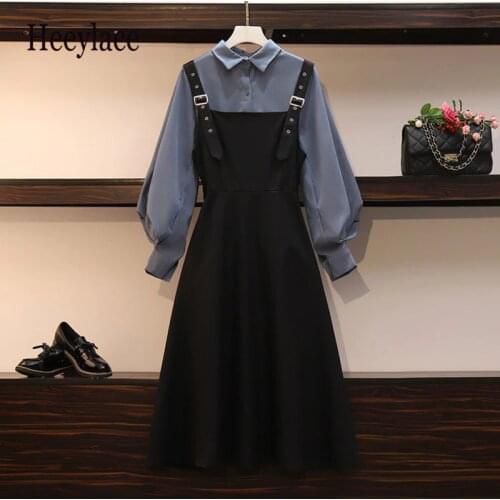 Plus Size 4XL Dress Sets For Women Office Lady Elegant Outfits Female 2 Piece Korean Fall Basic Long Sleeve Shirts and Vestidoes