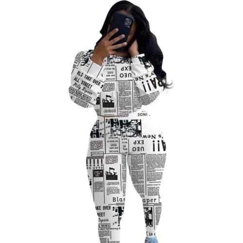 Casual Skinny Full Length Newspaper Print Sporting Two Piece Set Women 2020 Slash Neck Crop Top&Pants 2 Piece Set Womens Outfits