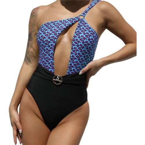 Meihuida Women Swimsuit Leopard Printed One Piece Ladies One Shoulder Cut Out Patchwork Monokini Bathing Suits Backless Clothes