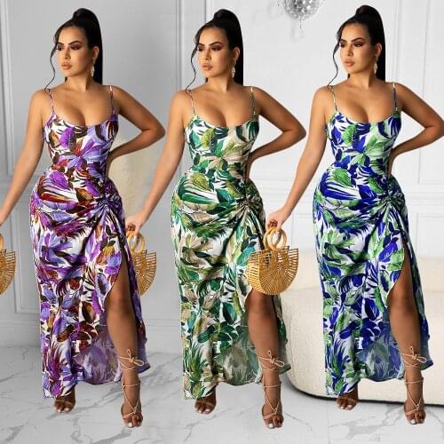 New Summer Sexy Sling Dress Loose At Home Where Commuting Irregular Side Slit Print Dress Long Dress