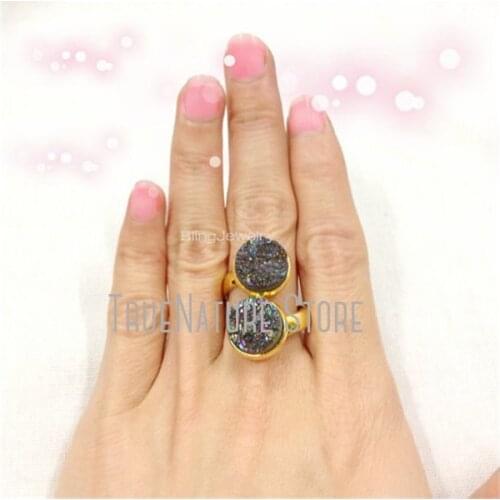 5Pcs RM13645 Rainbow Ring Gold Titanium Jewelry Crystal Jewelry Titanium Rainbow Plated Gold Plated Crystal Coin Shape Ring