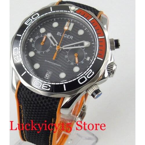 BLIGER 41mm Black Quartz Men Watch Chronograph Date Function Rubber Strap 24 Hours