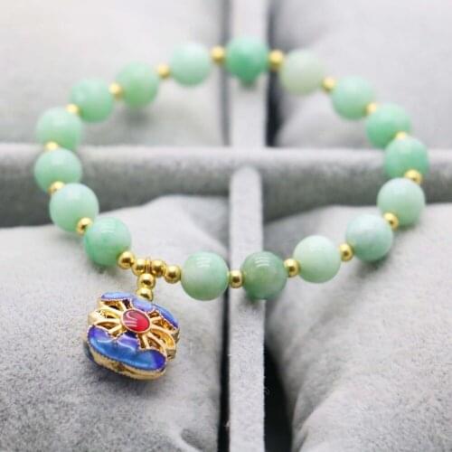 8mm Green beads Chalcedony Retro style Natural Stone Cloisonne Pendant Bracelet DIY hand chain for women girls Hand Made Jewelry