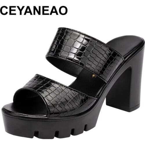 CEYANEAO10cm Heel Platform Slippers Patent Leather Shoes Summer 2021 Sexy High Heels Slides Women Thick Bottom Big Size 33-43