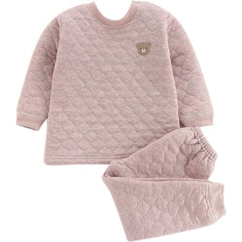 Childrens Winter Clothes Cartoon Bear Tops + Pants Thick Warm Comfortable Casual Three-layer Thermal Kids Baby Underwear Set