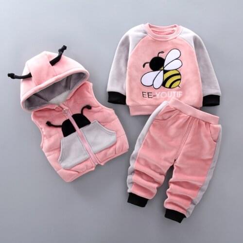 Childrens Winter thick fur clothing Set Boys velour Three-Piece Set bee print toddler baby girls sport suit for kids tracksuit