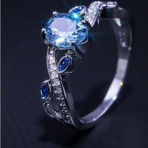 Hainon Elegant Womens Ring Silver Color Floral Blue Zircon Vine Leaf Rings Wedding Engagement Gift Rings Jewelry For Women