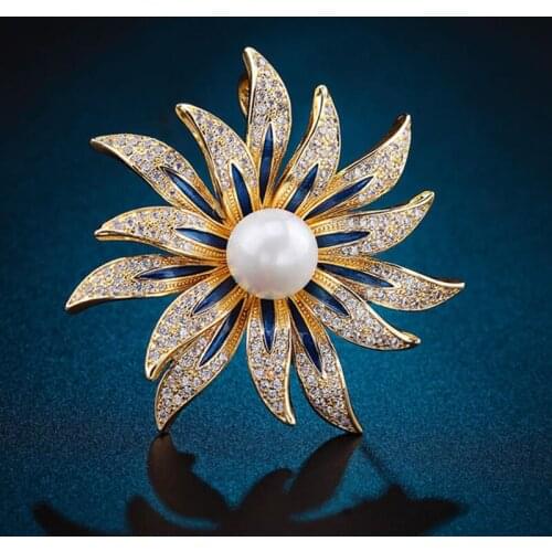 KIOOZOL Luxury Hollow Pattern Pearl Pendant Blue Color Cubic Zirconia Brooch For Women Vintage Jewelry Accessories 183 KO2
